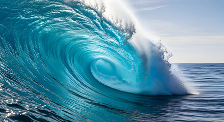 Powerful Blue Ocean Wave Crashing with White Foam and Clear Sky.