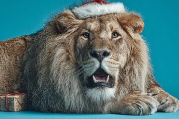 Obraz premium Enchanting creatures embrace festive spirit in a holiday greeting. Advertising photo. Joyful holiday card featuring smiling lion fire horse with gifts. Branding asset. Hero shot.