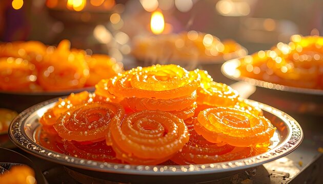 Vibrant orange jalebi sweets on a silver plate with golden light