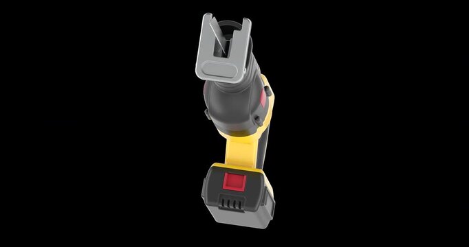 Cordless reciprocating saw rotation animation seamlessly loopable. 3D rendering isolated on transparent background