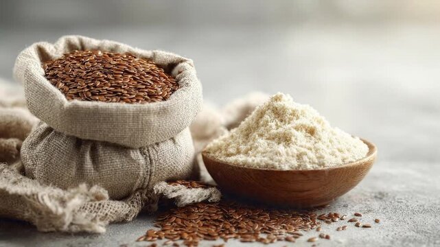 This close-up shot features a rustic burlap sack brimming with raw flax seeds, positioned next to a wooden bowl filled with fine, white powder, likely ground flaxseed meal. A delicate stream of powder