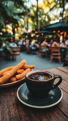 Lively city cafe scene featuring churros and warm drinks at dusk