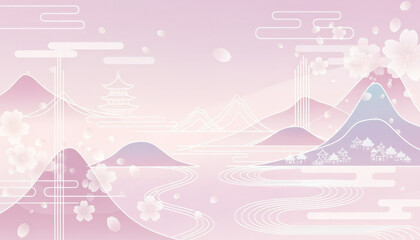 ピンクの和風風景と桜のイラスト