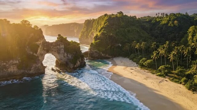 An breathtaking aerial drone shot captures a pristine tropical coastline during the magical golden hour. The scene features a dramatic natural rock arch formation rising majestically from the clear tu