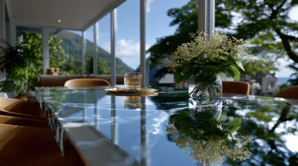 Obraz premium An inviting dining space filled with natural light, featuring a beautifully set table, fresh flowers, and a stunning view of nature, evoking feelings of warmth and togetherness.