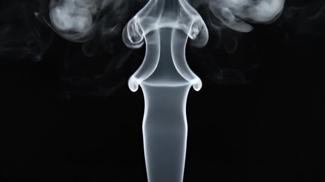 An elegant plume of translucent white smoke gracefully rises and swirls against a stark, deep black background. The fluid, ethereal vapor expands and disperses, creating intricate, ever-changing patte