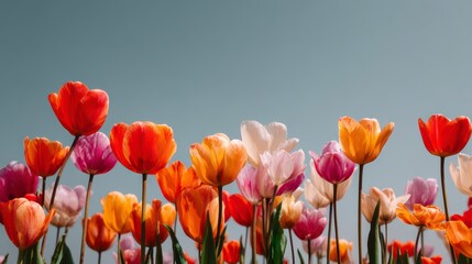 Close-up of vibrant tulips in various hues reaching toward a pale blue sky on a sunny day