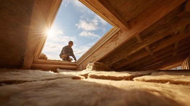 Construction worker inspecting attic insulation under bright sunlight.