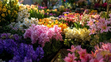 Obraz premium Close-up vibrant floral display bursting with color. Abundance of blooms, petals & textures create a captivating visual feast, showcasing beauty & fresh essence