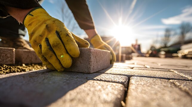 Construction worker laying paving stones with yellow gloves and sun flare.