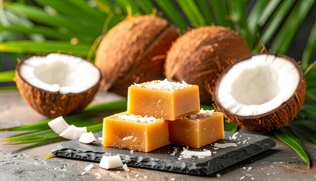 Delicious coconut fudge on slate plate with fresh coconuts and leaves
