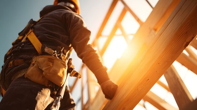 Construction worker on a sunny day building a wooden structure.