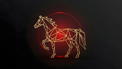 High-end poster with gold geometric horse outline, deep black matte background, subtle red glowing halo, modern luxury Lunar New Year design
