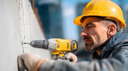 Construction worker using a power drill on a building exterior.