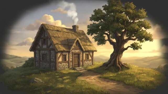 An enchanting animated scene showcases a charming, rustic cottage nestled on a grassy hill, bathed in the soft glow of golden hour. Smoke gently rises from its stone chimney, suggesting warmth and com