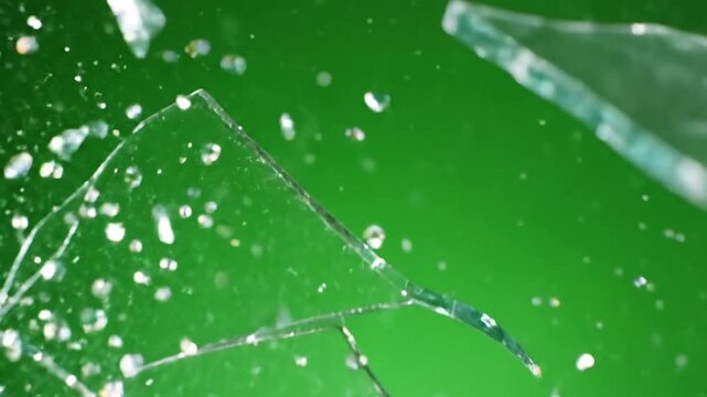Shattered glass exploding into air with broken glass shards floating on effect ad_ready green screen glass effects style featuring