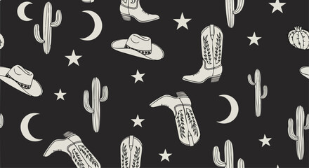 Seamless cowboy themed pattern with cowboy boots, hats, cacti, moons, and stars on a dark background.