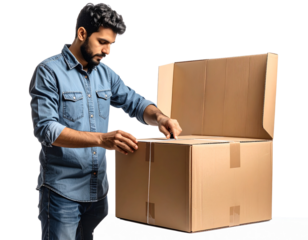 Single packaging designer measuring and folding prototype box, isolated on a transparent background, PNG