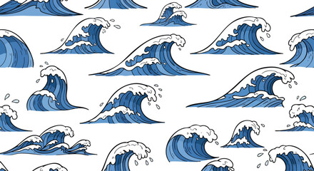 Fototapeta premium Seamless Pattern of Blue Hand-Drawn Ocean Waves - Perfect for Aquatic Themes and Summer Designs.