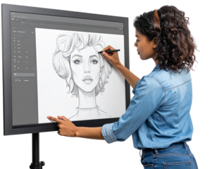 Single digital illustrator adding fine details to character design on pen display, isolated on a transparent background, PNG