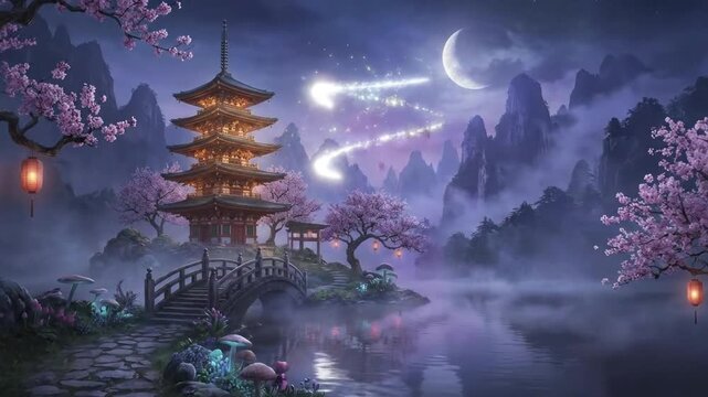 An enchanting night scene unfolds, showcasing an ornate, multi-tiered structure beautifully illuminated against a mystical purple and blue twilight sky. Delicate pink cherry blossoms frame the view, t