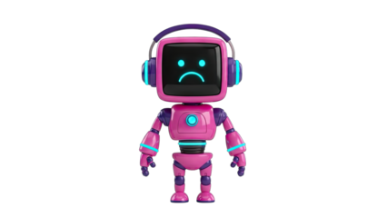 Sad Robot with Headphones Isolated on White Background