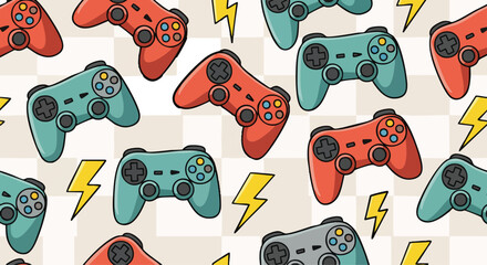 Seamless Vector Pattern of Game Controllers and Lightning Bolts.