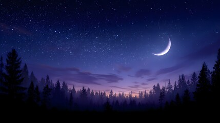 Naklejka premium Enchanting Crescent Moon Over Silhouetted Forest Under Starry Night Sky.