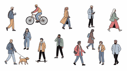 Naklejka premium Flat Urban Lifestyle Illustration Featuring Diverse Men and Women Walking Dogs Cycling and Socializing in Modern Style