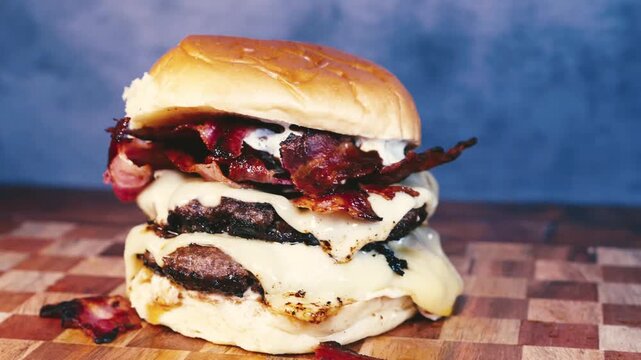 Massive bacon cheeseburger featuring juicy patties, crispy bacon, and melting cheese. Simple, indulgent, and focused on quality meat and bacon. 
