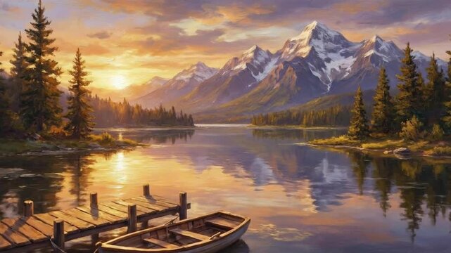 An exquisite painterly landscape depicts a serene mountain lake at golden hour, with warm, vibrant hues of orange, purple, and gold illuminating the sky. Majestic snow-capped peaks rise in the backgro