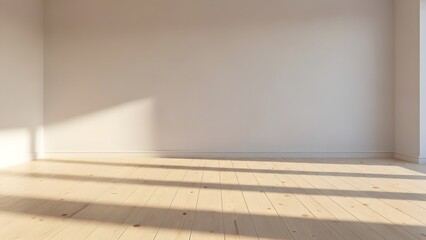 Minimalist empty room with smooth white walls and light wooden flooring, long soft sunlight streaks cast through a large unseen window, warm golden hour glow