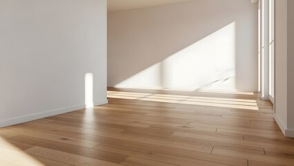Scandinavian-style empty room with white walls, natural oak floor, sunlight streaks forming geometric shapes on the ground, airy and elegant