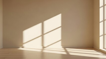 Warm minimalist empty room, creamy wall tones, long sharp sunlight streaks from tall window, subtle gradient shadows, peaceful and inviting mood