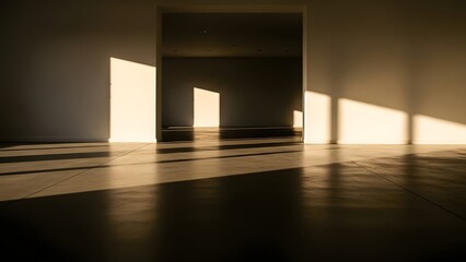 Minimal clean studio room with seamless white walls, bold golden sunlight streak cast from large unseen window, perfect for mockups and product placement.