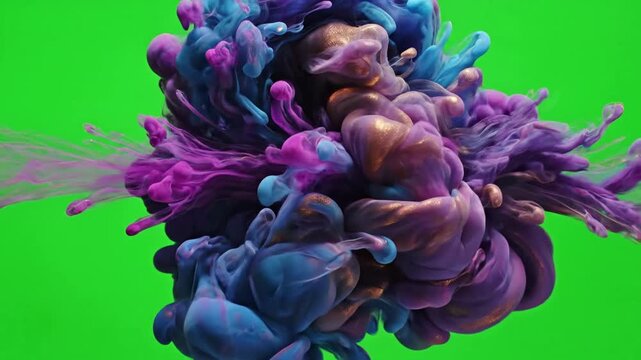 Ink drops merge to form celestial bloom with multiple ink drops forming abstract effect ad_ready green screen ink drop reveal style