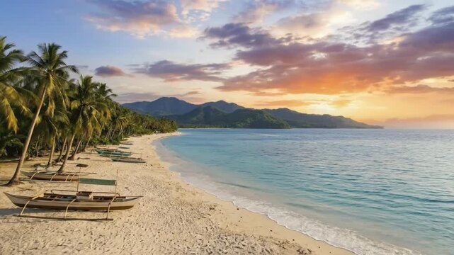 An idyllic tropical beach scene unfolds as gentle waves kiss a pristine white sandy shore. Lush green palm trees line the coast, swaying softly, with traditional outrigger boats resting peacefully on 