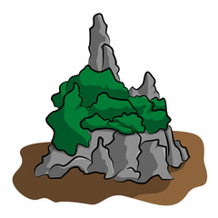Stylized Rocky Mountain Cliff with Green Bushes Vector Illustration