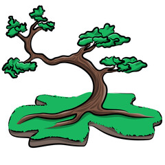 Stylized Miniature Bonsai Tree on Green Grass Patch Vector Illustration