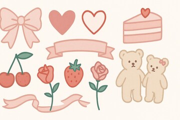 Hand drawn valentine's collection of cute kawaii elements, teddy bears, hearts, cake slice, ribbons, bow, cherries, strawberries and roses in soft pink and beige tones