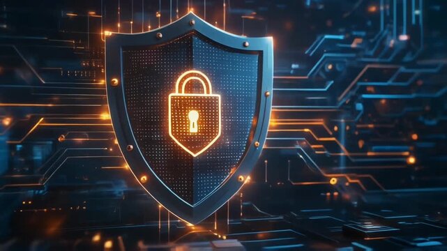 A high-tech shield with a central lock glows dynamically.