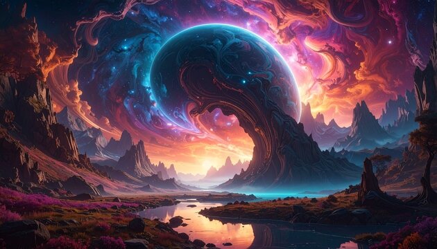 surreal fantasy world where light behaves like liquid color