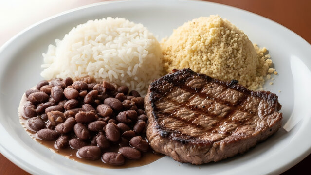 Arroz, feij&atilde;o, bife and farofa served on simple plate, realistic portion sizes, natural midday light