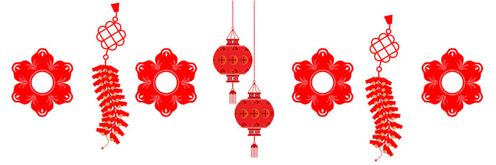 hanging chinese new year greetings ornament elements with background chinese firecrackers and lantern