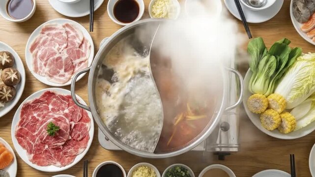 An overhead shot presents a tantalizing hot pot meal, featuring a dual-broth pot actively steaming and bubbling on a light wooden table. One side contains a clear, simmering broth, while the other hol