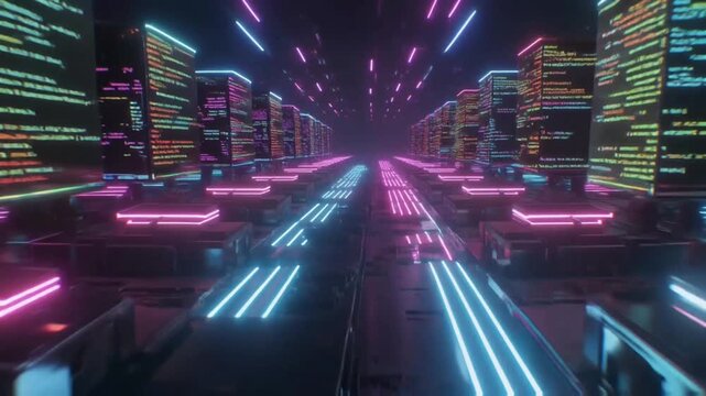 Neon-lit devices run parallel code streams, symbolizing distributed AI computation and advanced artificial intelligence frameworks enabling fast, coordinated development workflows.