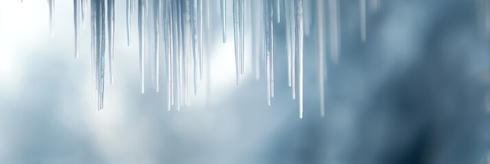 Icicles hang from a surface, glistening in the cold light. The background is blurred with a cool blue hue, suggesting a winter atmosphere.