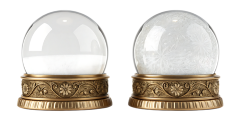 Two ornate golden snow globes, one empty one with frosted patterns, cutout, PNG isolated on white or transparent background
