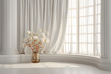 Naklejka premium Elegant white flower arrangement in a sunlit room with tall columns and sheer curtains