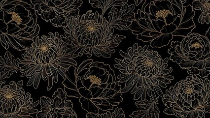 Golden chrysanthemum and peony outlines forming elegant continuous pattern, fine-line illustration style, smooth black background